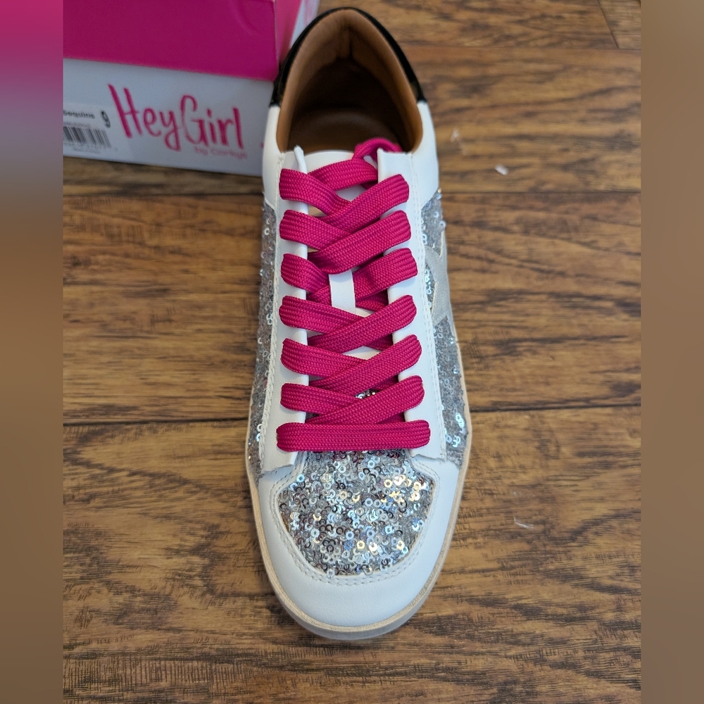 NIB Corkys Hey Girl Pink and Silver Sneakers with Glittery Accents - Picture 3 of 5